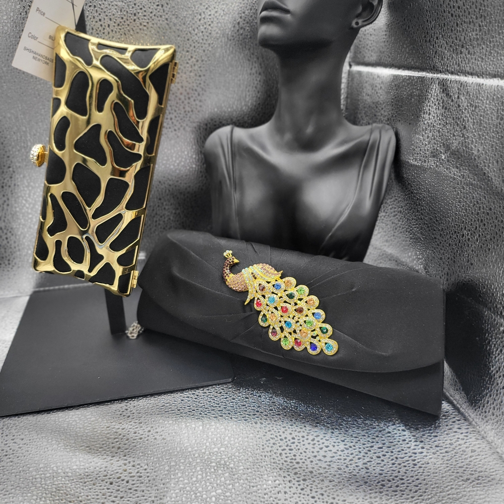 Elegant Black Clutch with Peacock Design